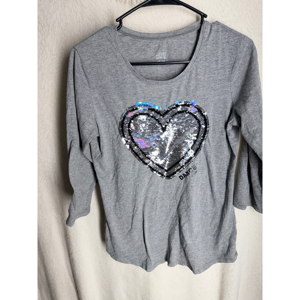 Justice Active Girls Heather Gray Flip Sequin Heart Dance Top Size 18/20‎